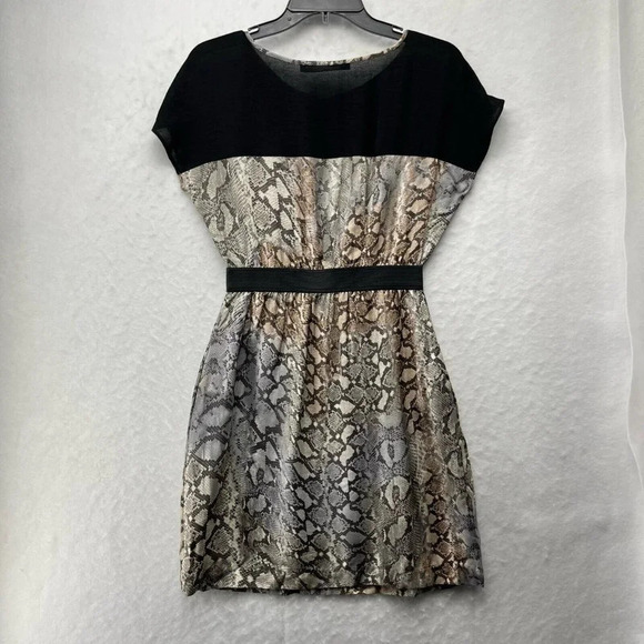 Zara Basic Dress Women's M Brown Black Snake Print Round Neck Elastic Waist Mini - Picture 6 of 8